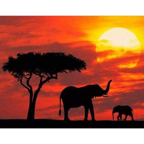 Les éléphants au coucher du soleil rouge