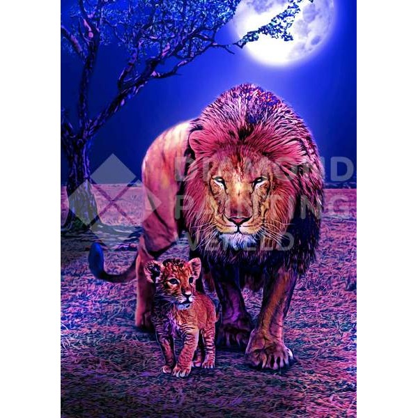 Lion et lionceau à la pleine lune | Design exclusif