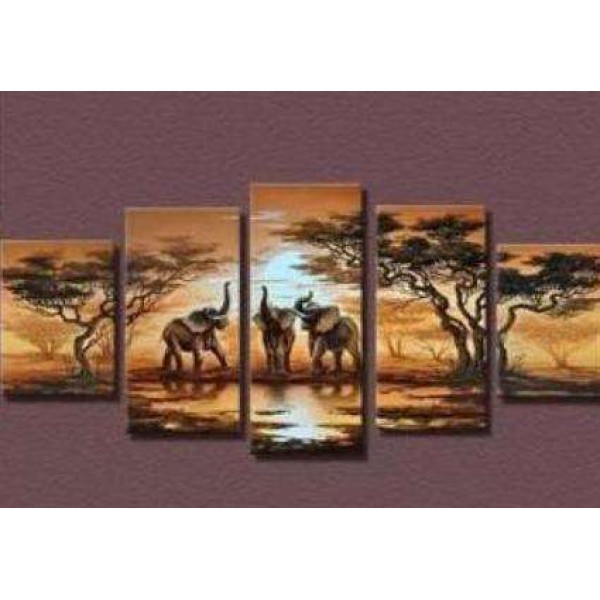 Éléphants au coucher du soleil | Cinq panneaux