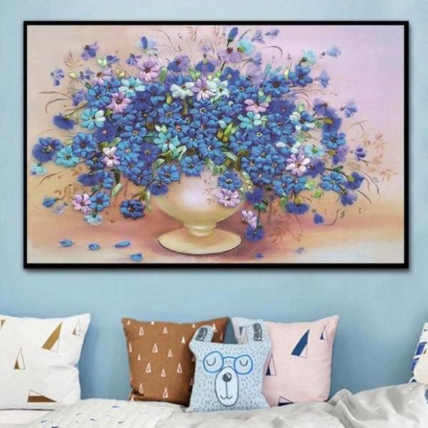Bouquet de fleurs bleues et violettes 50x70cm