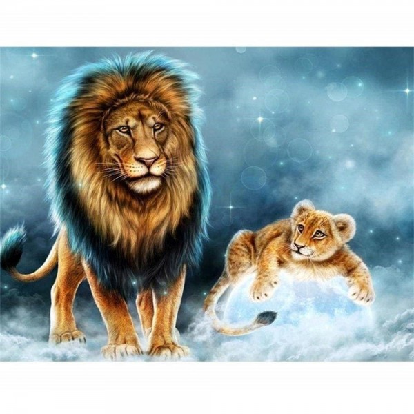 Lion avec son petit dans la neige
