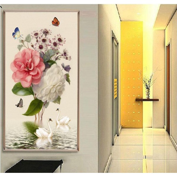 Fleurs, cygnes et papillons 50x80cm