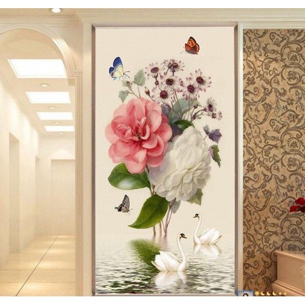 Fleurs, cygnes et papillons 50x80cm