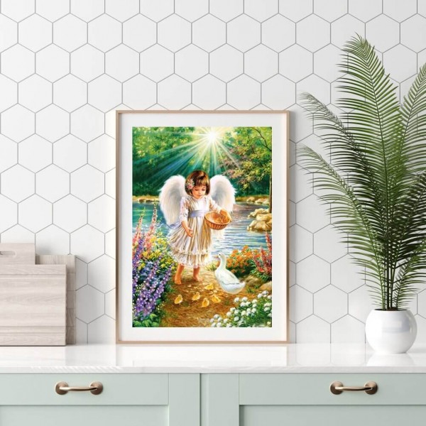 Le petit ange nourrit un canard 50x70cm