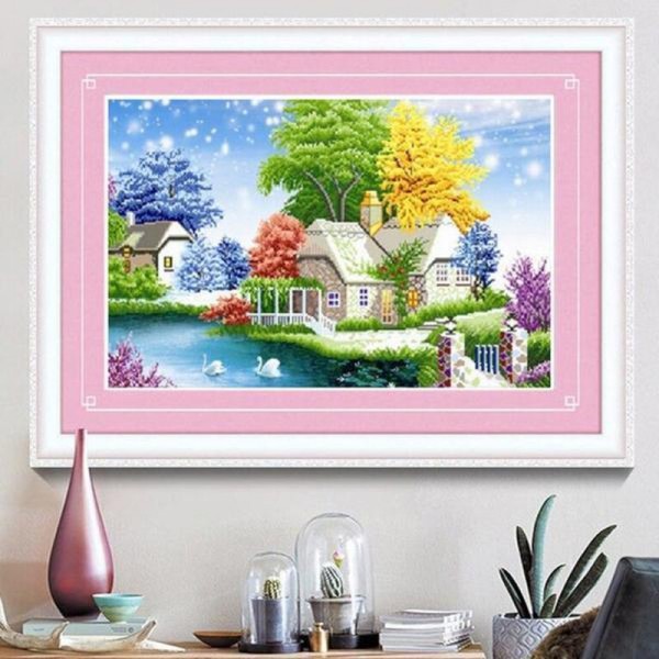 Cottage avec arbres colorés 50x60cm